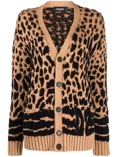 Dsquared2 Leopard-knit Cardigan In Beige