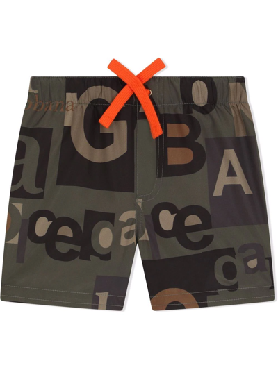 Dolce & Gabbana Babies' All Over Logo-print Swimming Shorts In Olive