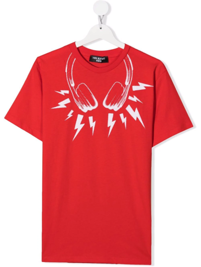 Neil Barrett Teen Thunderbolt Headphones-print T-shirt In Red