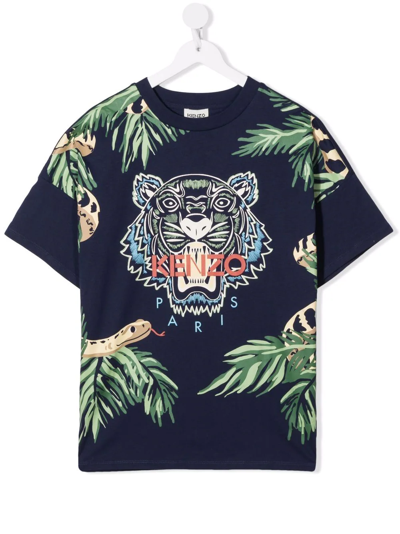 Kenzo Blue Teen Boy T-shirt With Print On The Chest, Short-sleeved Crew Neck By. In Navy