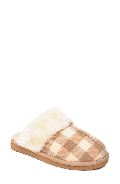 Minnetonka Chesney Mule Slipper In Tan-cream Buffalo Plaid