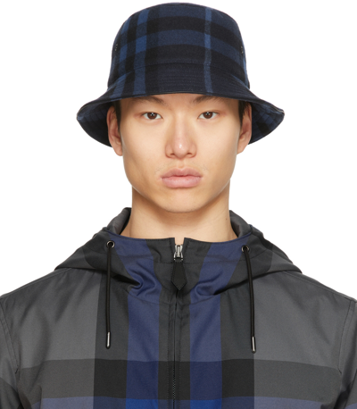 Burberry Wool And Cashmere Logo Check Bucket Hat In Blue,black