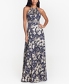 Betsy & Adam Metallic Floral Halter Top Gown In Navy/gold Floral