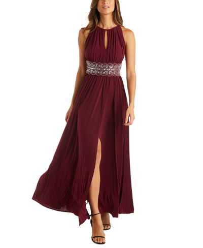 R & M Richards Petite Beaded Gown In Merlot
