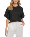 Dkny Linen Drop Shoulder Short Sleeve Top In Black