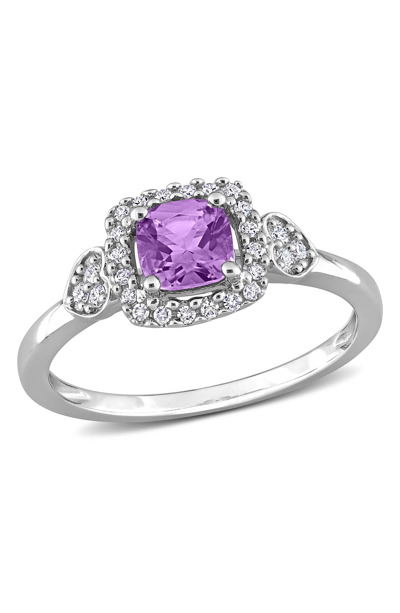 Delmar Sterling Silver Diamond Halo Cushion Cut Amethyst Ring In Purple