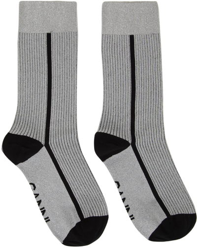 Ganni Silver & Black Lurex Socks In 18 Silver