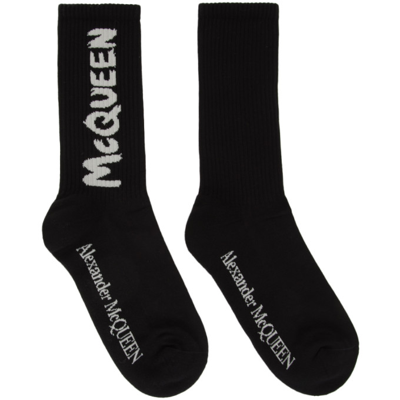 Alexander Mcqueen Cotton Blend Socks With Contrasting Logo Print In Black