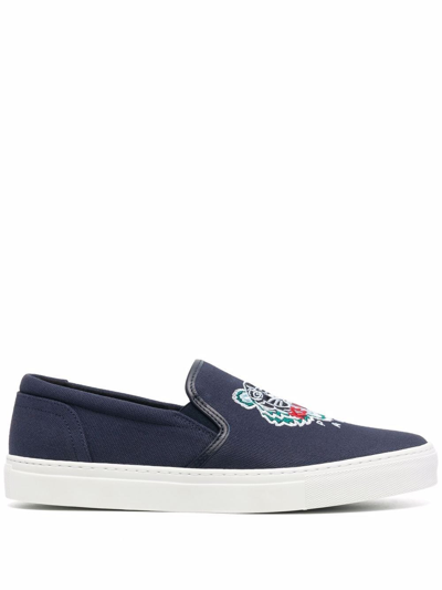 Kenzo Logo-embroidered Flatform Loafers In Blue