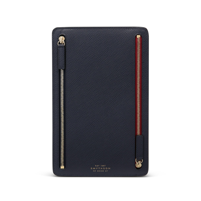 Smythson Panama Zip Crossgrain Leather Currency Case In Navy