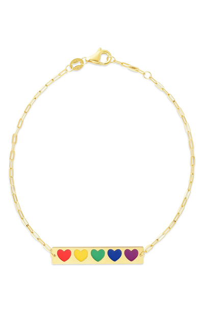 Karat Rush 14k Yellow Gold Rainbow Hearts Bar Bracelet In Yellow-rainbow