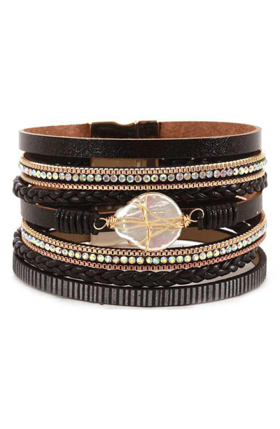 Olivia Welles Faux Leather Layered Wire Wrapped Crystal Bracelet In Brown