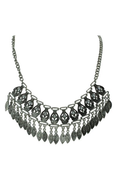 Olivia Welles 14k Gold Plated Detailed Stone And Leaf Bib Necklace In Metallic Silver