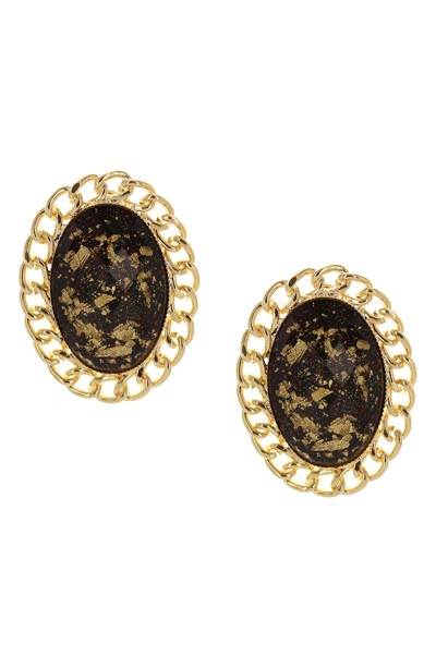 Olivia Welles 14k Gold Plated Foiled Chain Edged Stud Earrings In Black