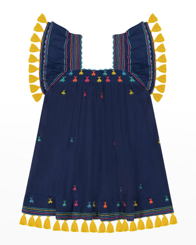 Mer St. Barth Kids' Girl's Serena Tassel Embroidered Dress In Blue