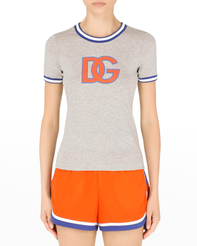 Dolce & Gabbana Logo Sports T-shirt W/ Striped Trim In Md Grey