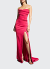 MARCHESA STRAPLESS DRAPED THIGH-SLIT CREPE GOWN
