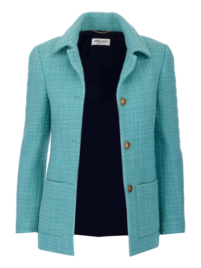 Saint Laurent Monogram-buttons Tweed Jacket In Blue