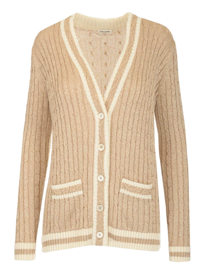 Saint Laurent Twisted Cable Metallic Cardigan In Beige