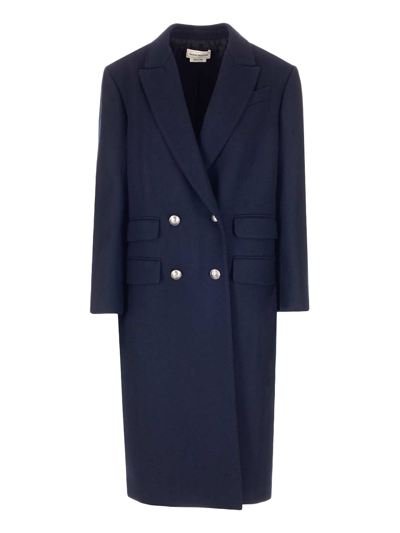 Alexander Mcqueen Double-breasted Wool-blend Herringbone-twill Coat In Blue