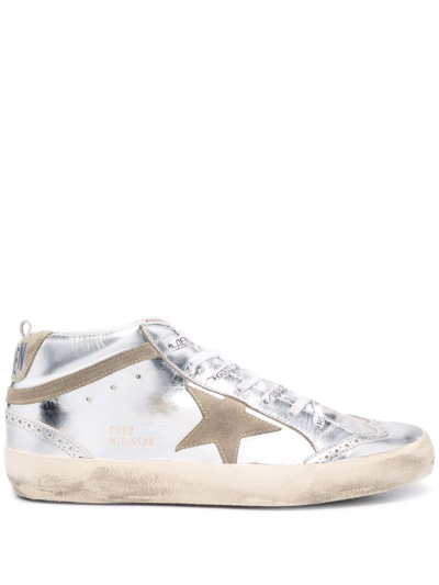 Golden Goose Laminated Star And Wave Mid-top Sneakers In Silver