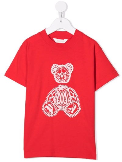 Palm Angels Paisley Bear Cotton T-shirt In Rosso/bianco