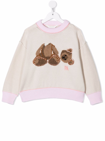 Palm Angels Kids' Teddy Bear-motif Intarsia-knit Jumper In Neutrals