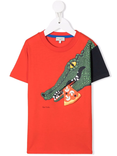 Paul Smith Junior Teen Crocodile-motif Organic-cotton T-shirt In Rosso