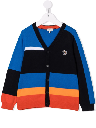 Paul Smith Junior Kids' Boys Striped Zebra Logo Cardigan In Blue