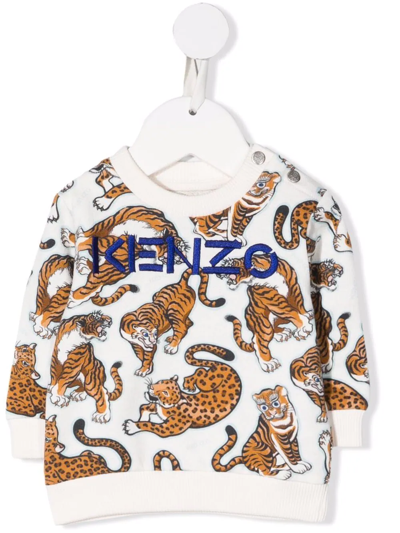 Kenzo Babies' White Newborn Sweatshirt With Tiger Print, Front Logo Embroidery, Crew Neck, Long Sleeves And Straig In Bianca