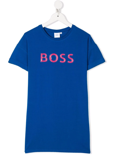 Bosswear Kids' Debossed-logo T-shirt Dress In Blue