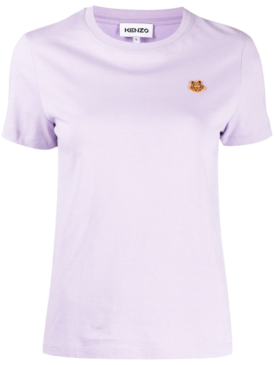 Kenzo Cotton T-shirt With Tiger Patch In Purple
