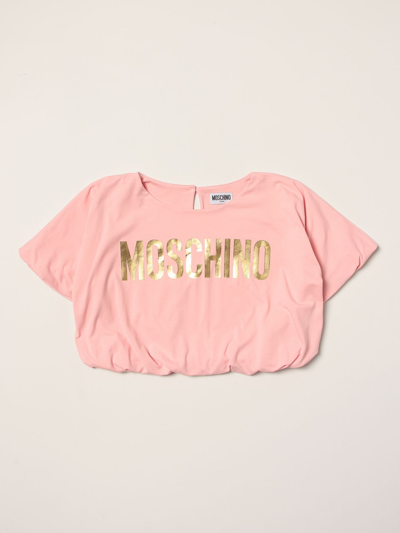 Moschino Kid Kids' Cropped T-shirt With Logo In Pink
