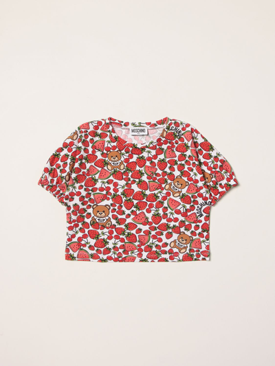 Moschino Kid Kids' Cropped T-shirt With All-over Strawberry Prints In Red