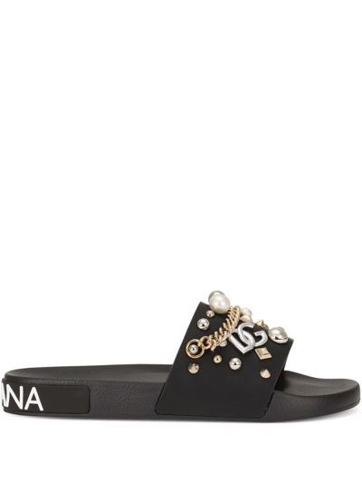 Dolce & Gabbana Rubber Beachwear Sliders With Embroidery In Nero