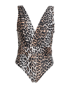 Ganni Black & Brown Recycled One-piece Swimsuit In Beige