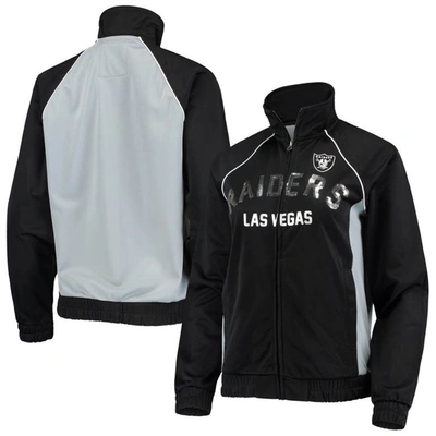 G-iii 4her By Carl Banks Women's Black And Silver Las Vegas Raiders Backfield Raglan Full-zip Track Jacket In Black,silver