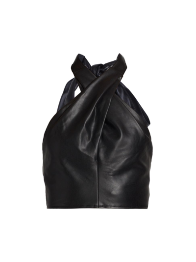 Staud Kai Cropped Vegan Leather Halterneck Top In Black