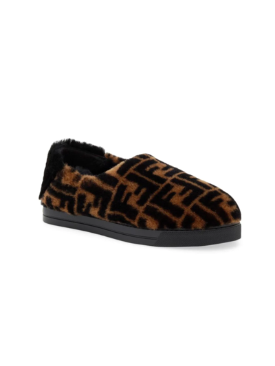 Fendi Little Kid's & Kid's Shearling Logo Slippers In Black Brown