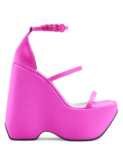 Versace 3 Strap Satin Platform Wedge Sandals In Cerise