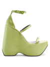 Versace 3 Strap Satin Platform Wedge Sandals In Citron