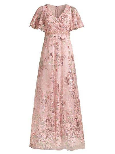 Mac Duggal Pink Floral Embellished Short Sleeve Gown In Animal Print