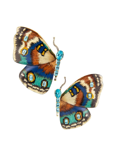 Silvia Furmanovich Egypt 18k Gold, Diamond & Gemstone Marquetry Butterfly Earrings