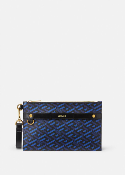 Versace La Greca Signature Medium Pouch In Black+blue