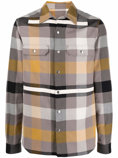 Rick Owens Plaid-print Long-sleeve Outer Shirt In Grey
