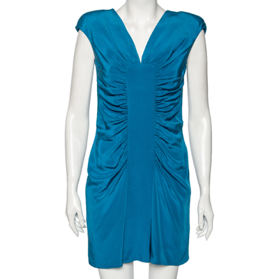 Pre-owned Elie Saab Blue Silk Ruched Detail Short Dress M