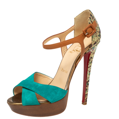 Pre-owned Christian Louboutin Multicolor Suede And Leather Ankle Strap Platform Sandals Size 37