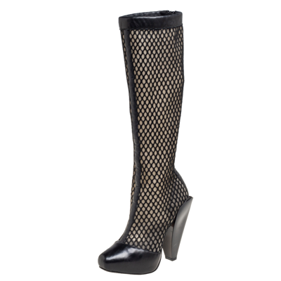 Pre-owned Versace Black Leather And Mesh Pointed Toe Knee Length Boots Size 36