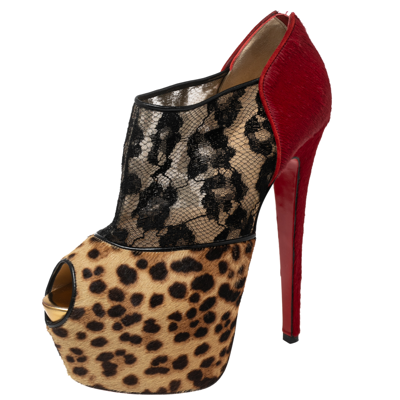 Pre-owned Christian Louboutin Leopard Print/red Pony Hair And Black Lace Aeronotoc Booties Size 37.5 In Multicolor