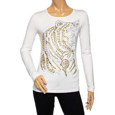 Pre-owned Versace Off-white Embellished Jersey Long Sleeve T-shirt M
